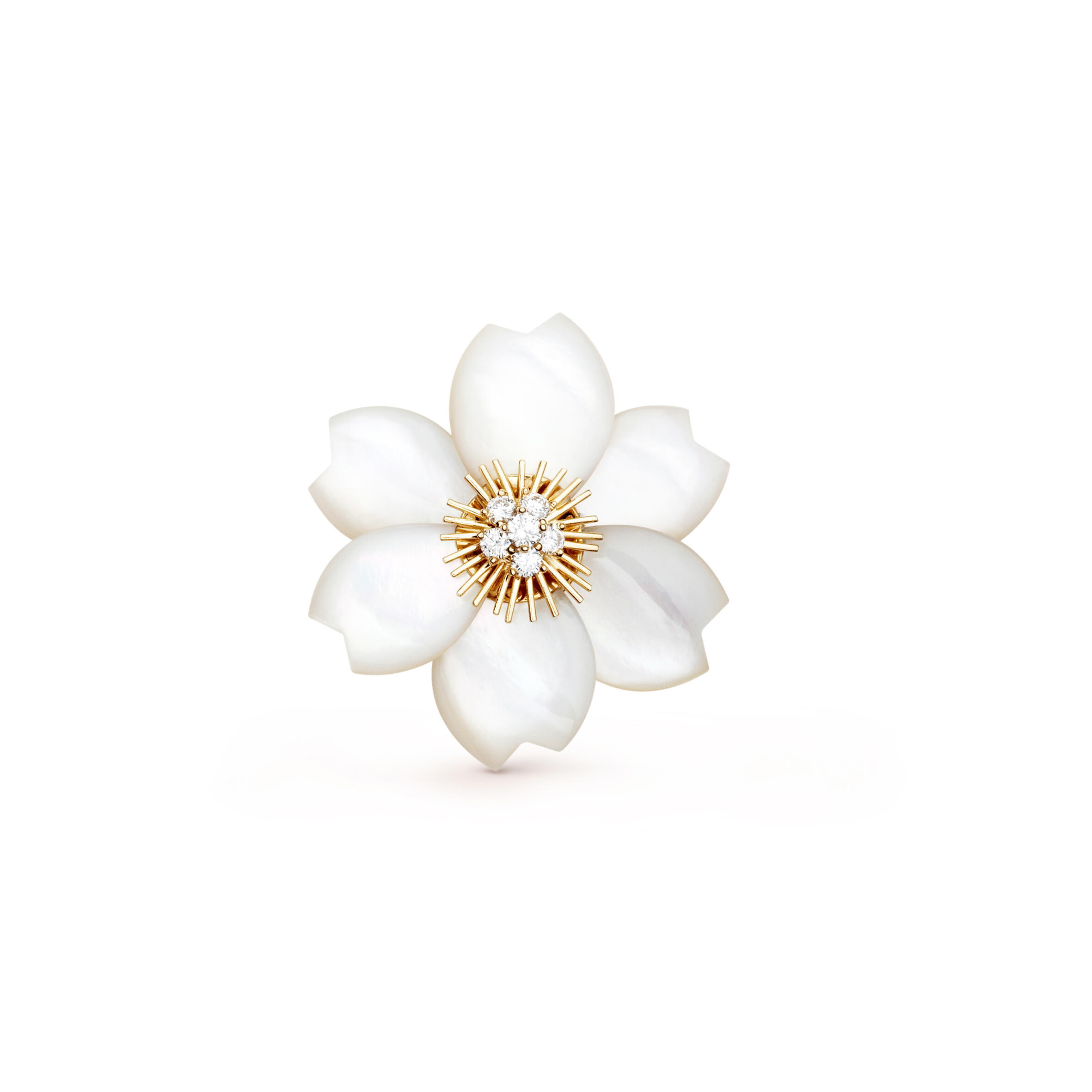 v*n cl**f arpels rose de noËl clip, medium model - yellow gold, D1am0nd, mother-of-pearl vcara53400